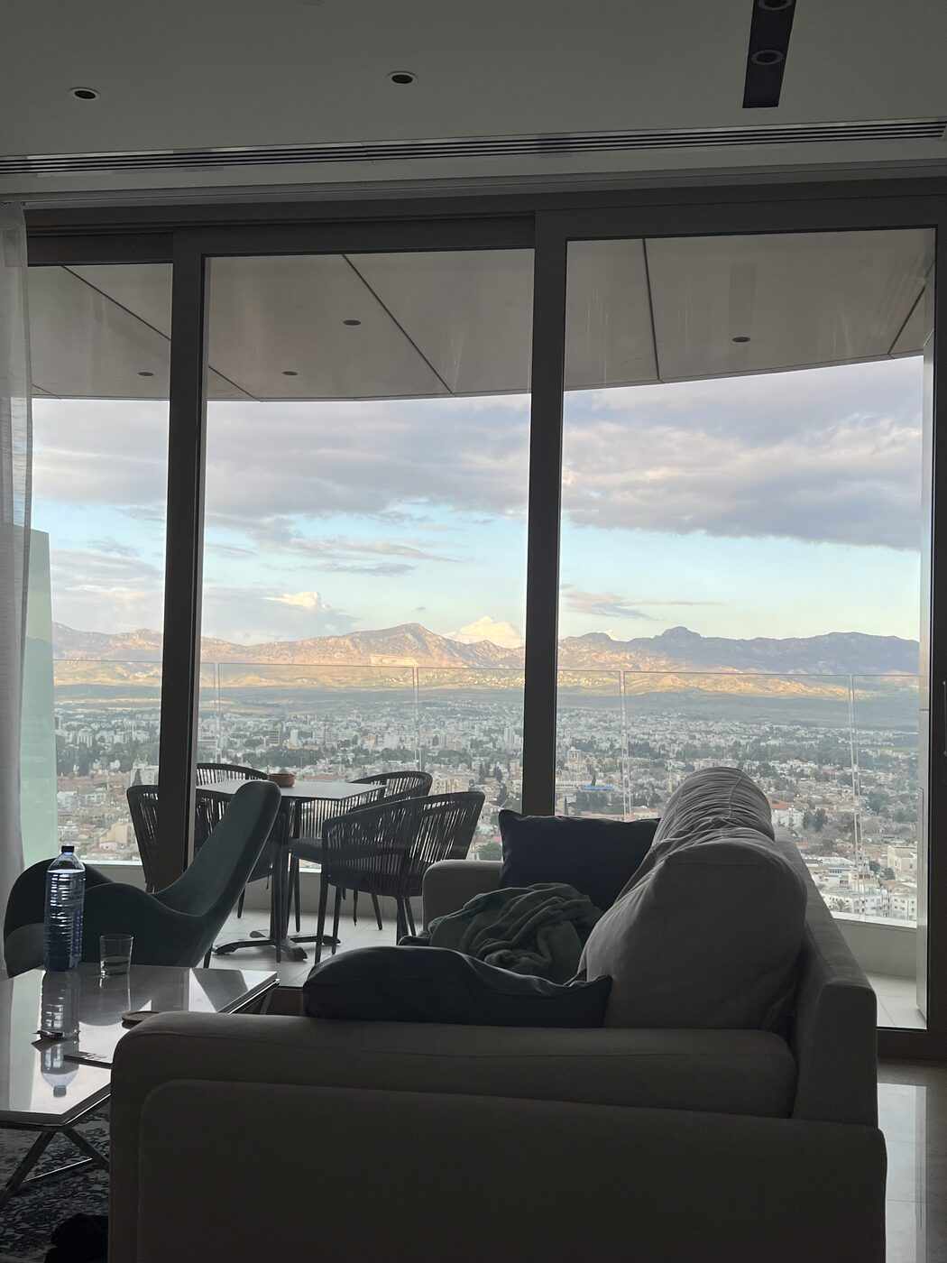 Daytime view over Nicosia and the mountains from the living room